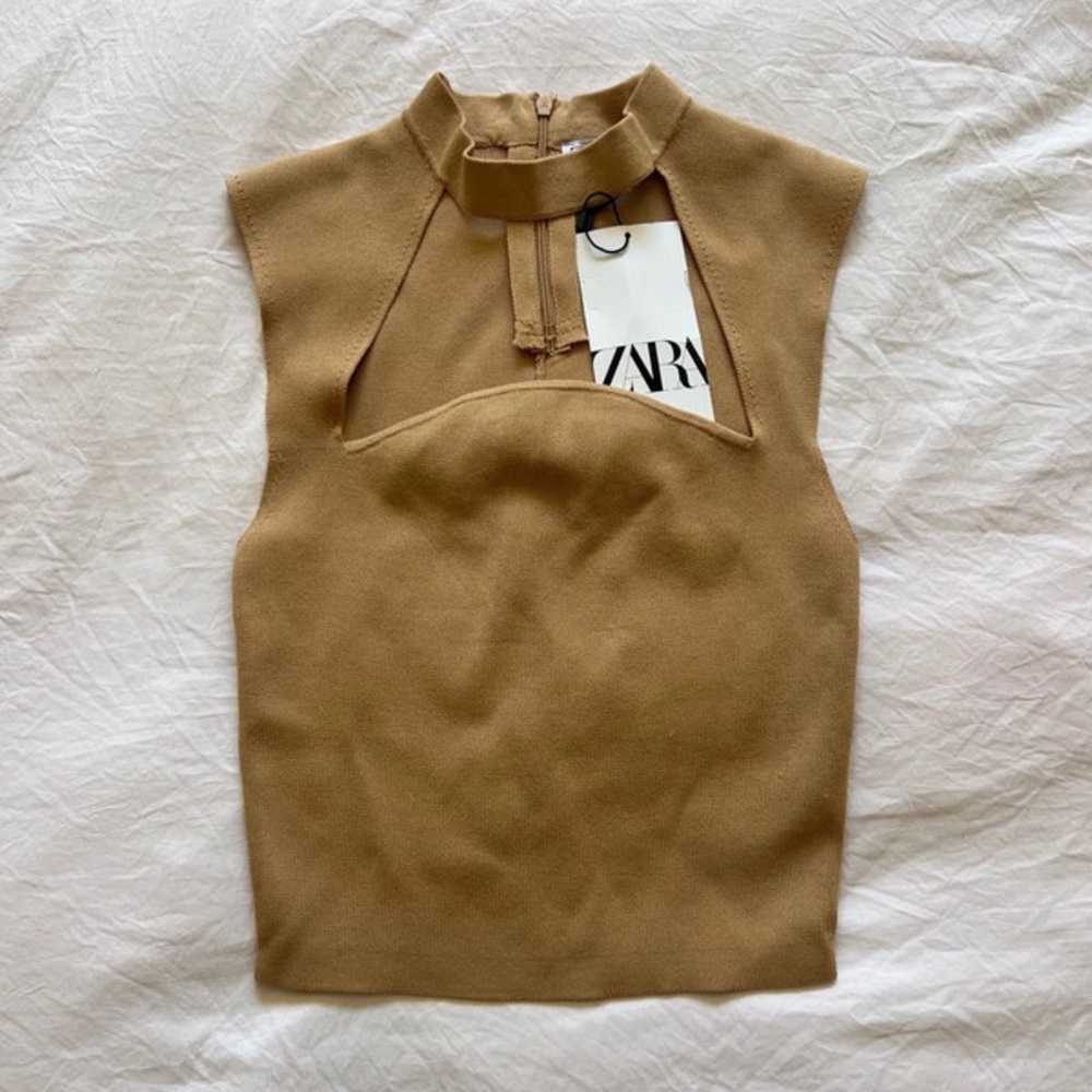 Zara Brown Cut Out Mandarin Collar Tank Top